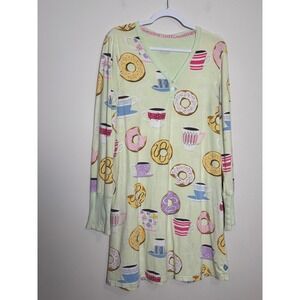 Nick & Nora Womens Donut Coffee Print Nightgown M Henley Sleep Shirt Long Sleeve